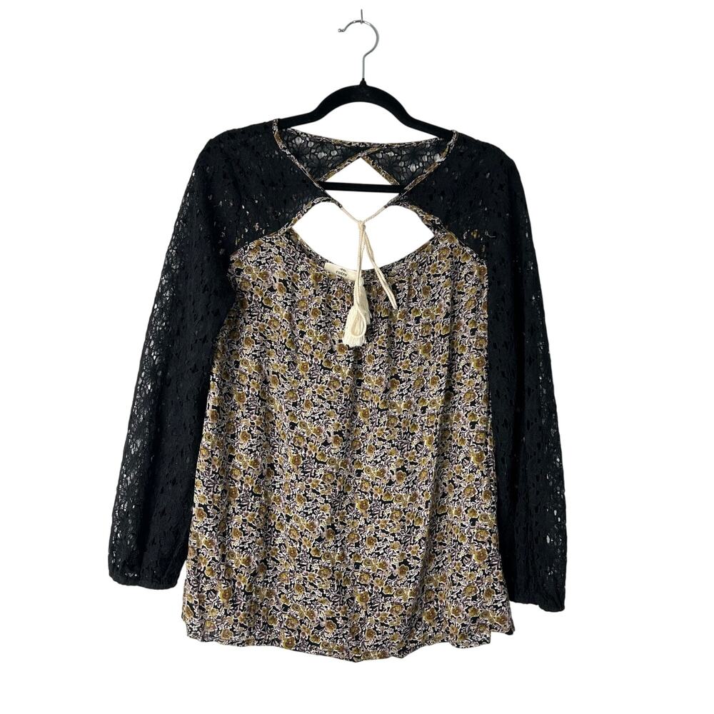 Entro Mixed Media Top Size M Black Foral Lace Sleeves Keyhole Cutout Tassle Tie
